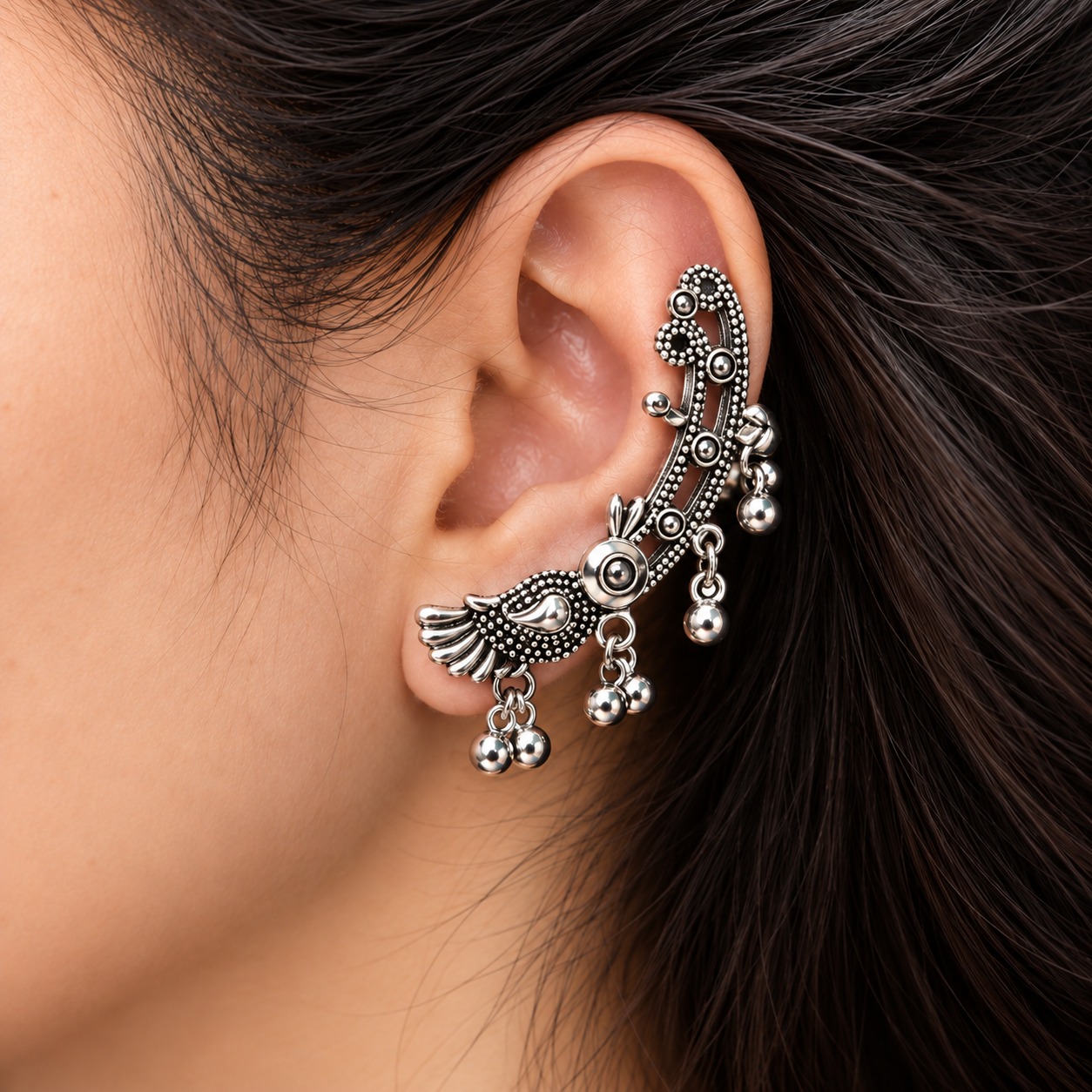 Silver-Tone Peacock Ear Cuff with Hanging Charms - Imagentis Jewels
