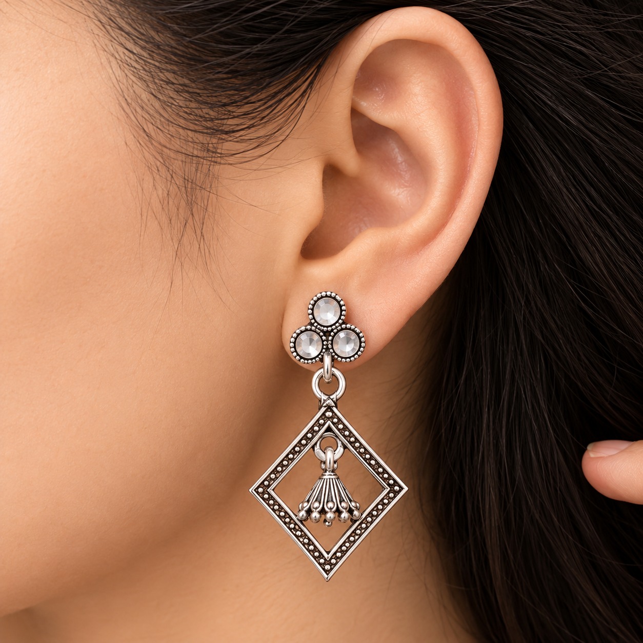 Silver-Tone Geometric Floral Jhumka Drop Earrings - Imagentis Jewels