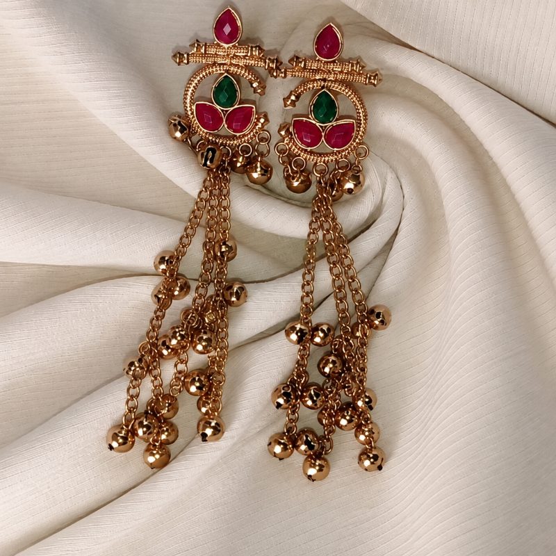 Trendy Kashmiri Style Golden Lotus Earrings with Red & Green Stones - Imagentis Jewels