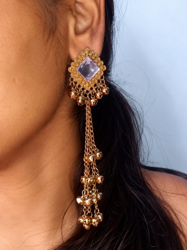 Trendy Kashmiri Style Golden Earrings with White Stone & Bell Drops - Imagentis Jewels